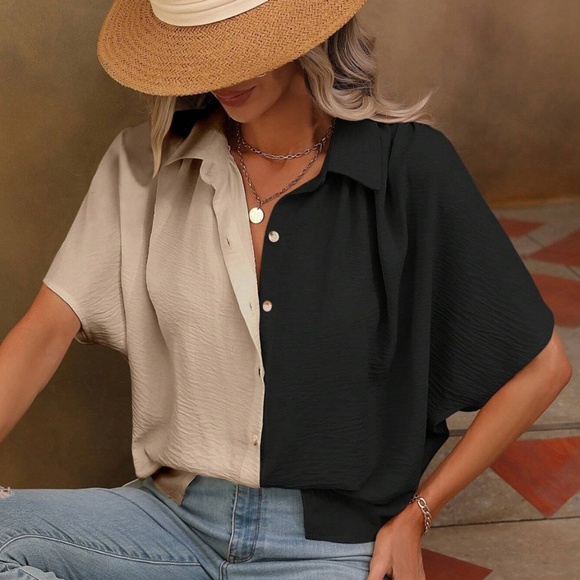 Rouge! Tops - Loose Fitting Color Block 2 Tone Button Up Down Shirt Batwing Sleeve